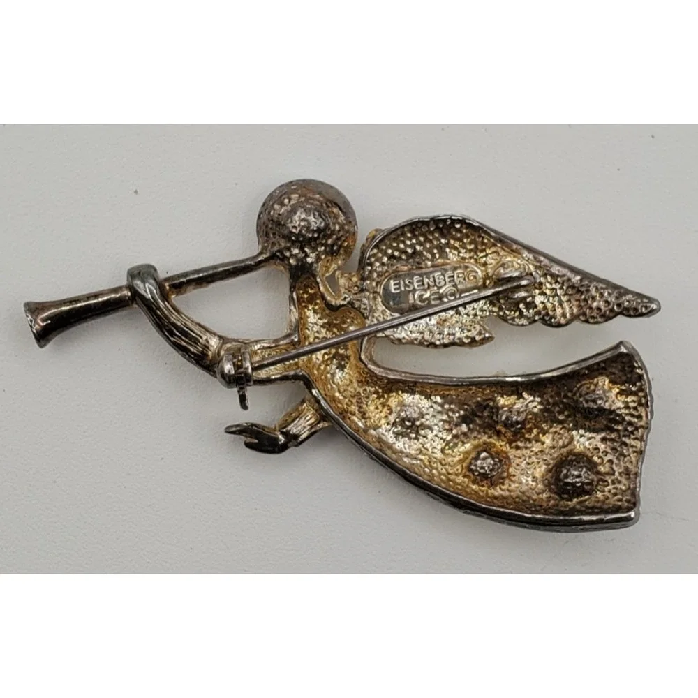 Vtg Gold Tone Eisenberg Ice Aurora Borealis Angel & Trumpet Brooch Pin